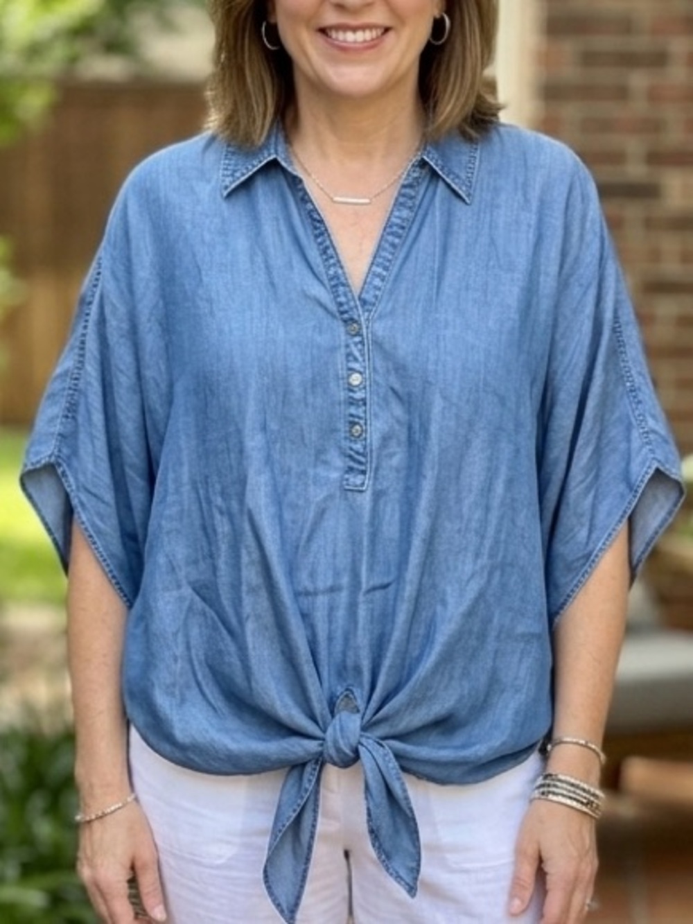 Chico's Lyocell Denim Look Tie-Front Dolman Tunic Size 2 Large Soft Breathable